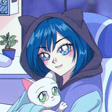 Profile picture of The Nerdy Neko. A 90s anime-style illustration of a cat girl holding a white cat. She has short teal hair, fair skin, big blue eyes, purple marks on her cheeks, and wears a hoodie with a black hood over her cat ears, light blue sleeves,